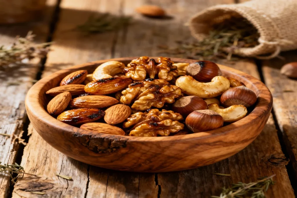 Assortiment de noix (amandes, noisettes, noix de cajou) en train d’être lentement torréfiées dans un four professionnel, dégageant une couleur dorée et une texture croquante, illustrant les bienfaits nutritionnels et gustatifs de la torréfaction artisanale.