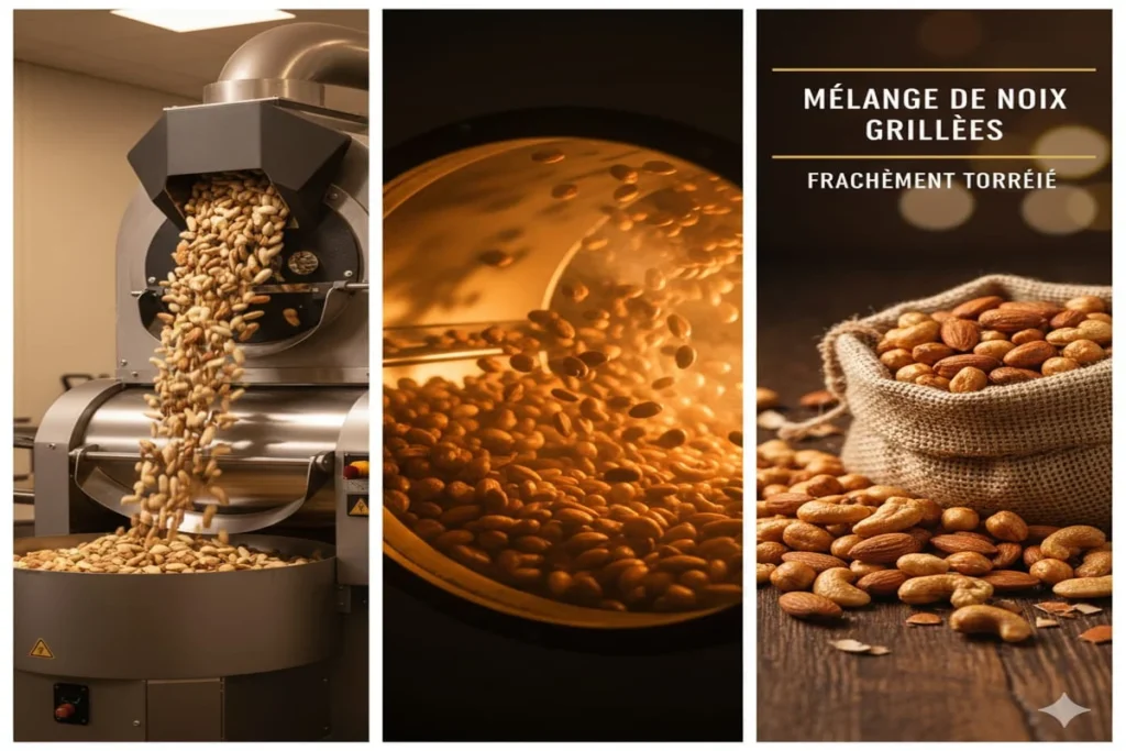 Gros plan sur un mélange de noix fraîchement torréfiées tournant dans un tambour en acier inoxydable d'une machine industrielle, soulignant le processus de torréfaction professionnelle et la qualité des produits pour la vente en ligne