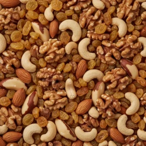 Vue rapprochée du Mélange Énergie Premium NOIX DE LUXE montrant les amandes, noix de cajou, cerneaux de noix, noix du Brésil, graines de courge et raisins secs.