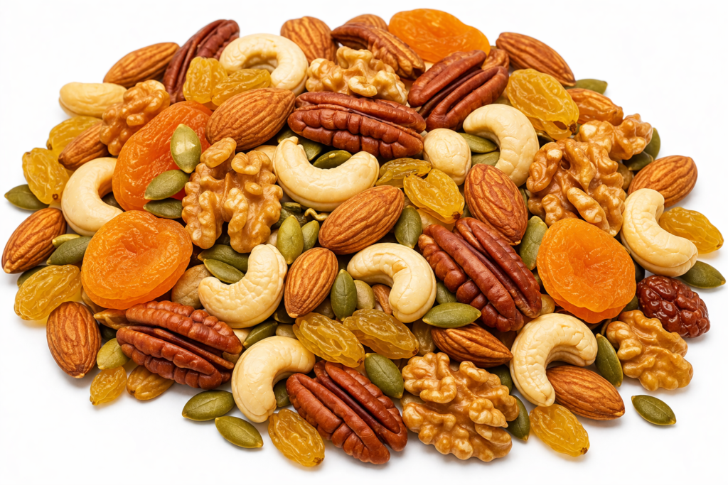 Mélange premium ÉNERGIE ROYALE avec noix de pécan, amandes et abricots secs sur table en bois