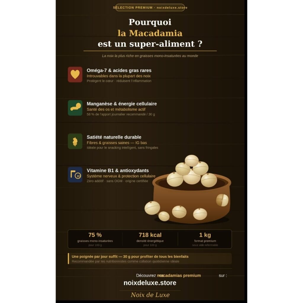 Infographie : pourquoi la noix de macadamia est un super-aliment — oméga-7, manganèse, vitamine B1, satiété naturelle — 1 kg premium sur noixdeluxe.store