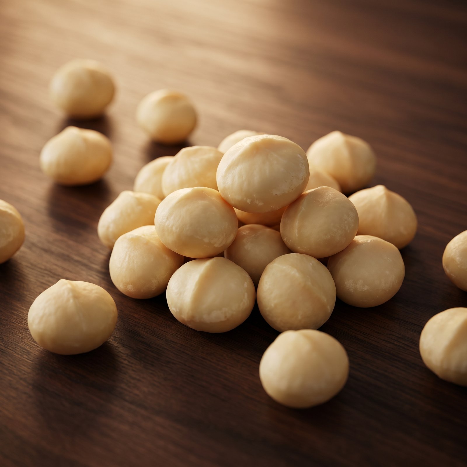 Noix de macadamia entières sur une table en bois